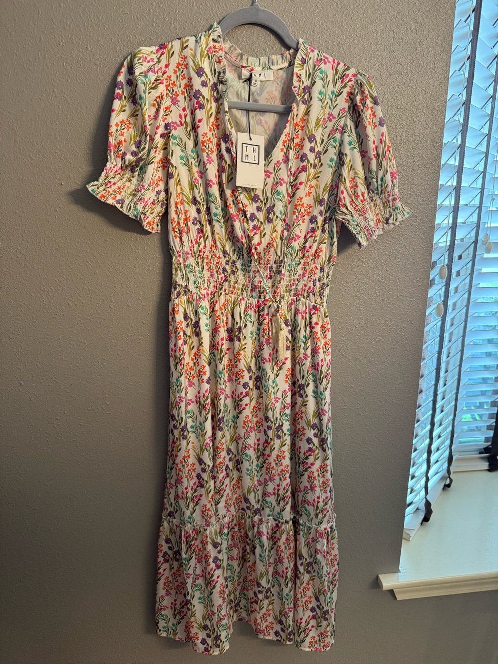THML White Midi Dress with Multicolor Floral Print